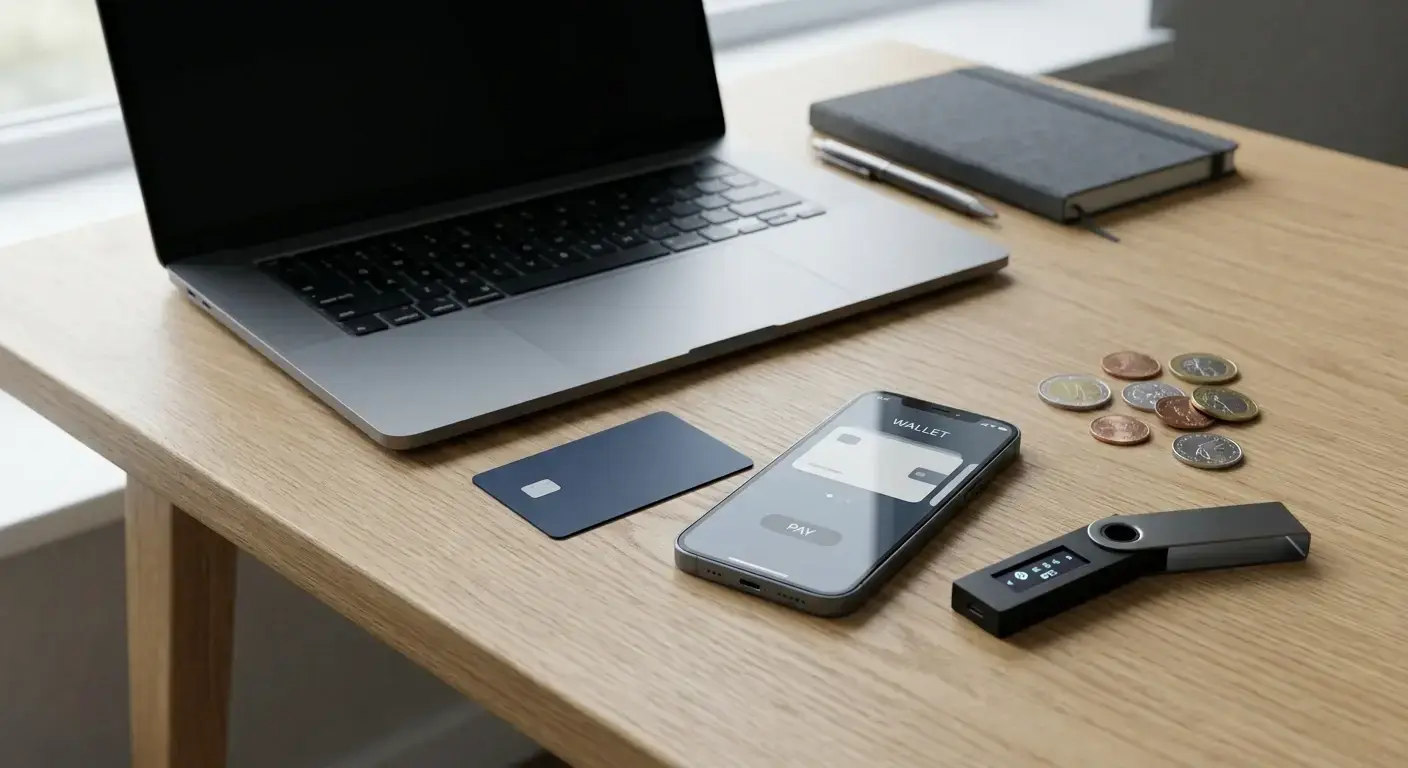 Bank card, phone, coins and hardware wallet arranged beside a laptop
