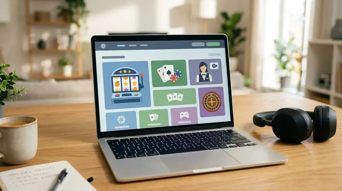 Casino game category tiles displayed on a laptop beside a keyboard and headphones