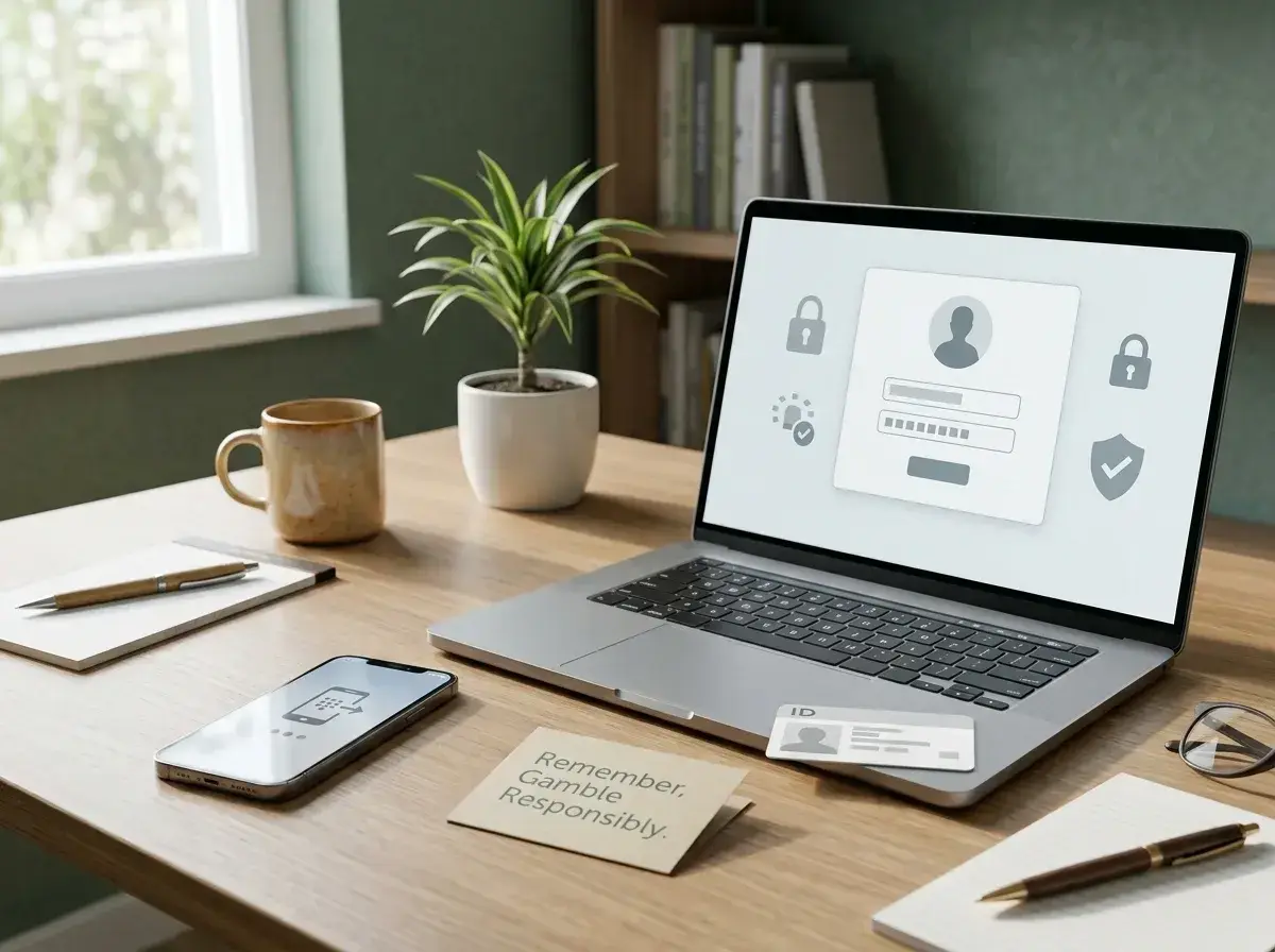 Laptop and phone beside a neutral identity-check card and account security symbols
