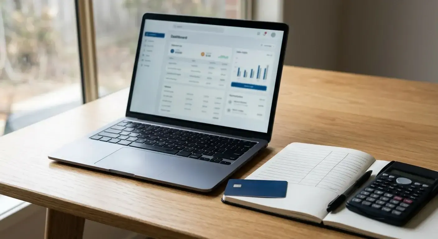 Laptop, payment card and notebook arranged beside a withdrawal planning sheet