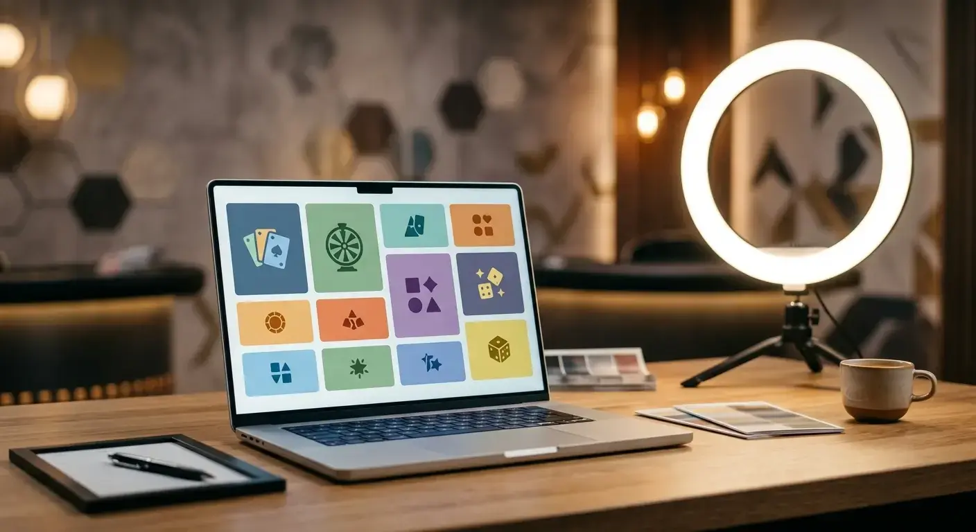 Laptop with abstract casino game panels beside studio lights
