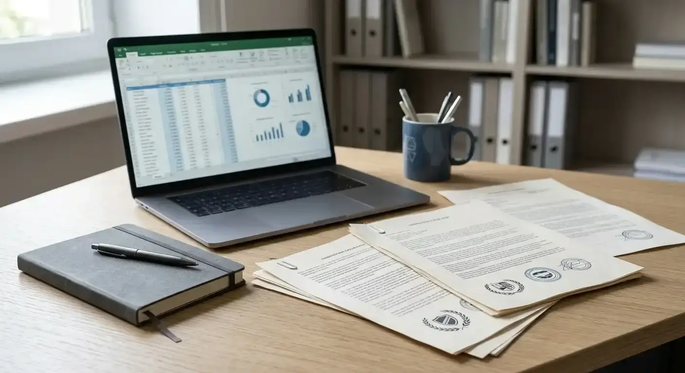 Printed regulatory documents beside a laptop and notebook on a desk